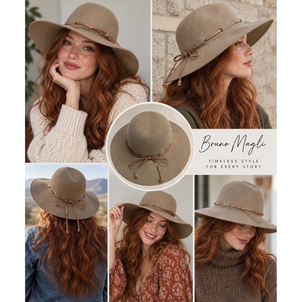 Bruno Magli Wool Floppy Hat Womens OS Beige Wide Brim Leather Trim Boho